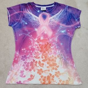 Breasr Cancer Site Women's Silky T-shirt Floral Wings Ribbon Size Large